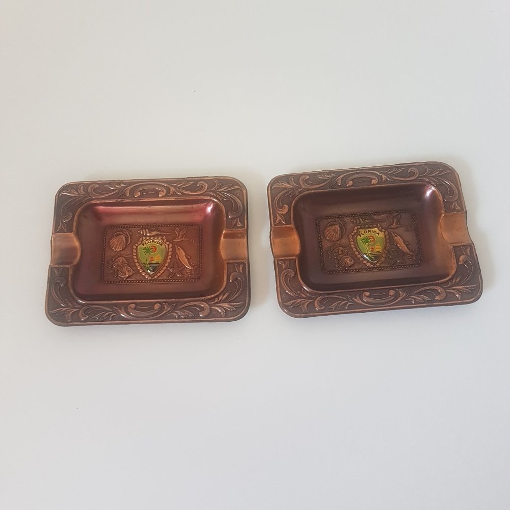 Vintage Copper Color FLORIDA Ashtray Lot of 2 Collector's 3" X 2.5" Set of 2 - Picture 2 of 8